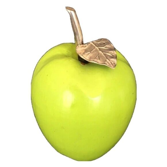 Green Apple Figurine Paper-mache with Sterling Silver Leaf Russian Vintage Decor - Picture 1 of 7